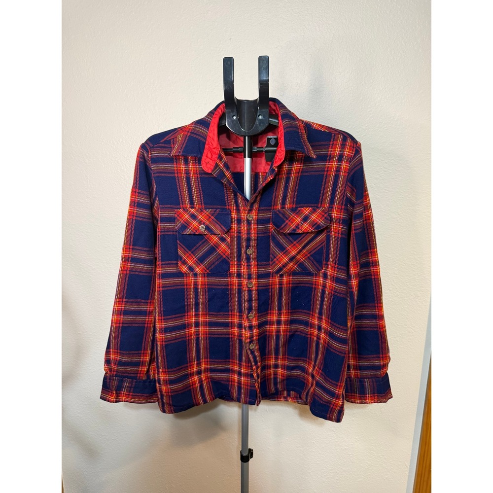Vintage Woodland Plaid Flannel Shirt Mens Large Navy Red Acrylic Button Down